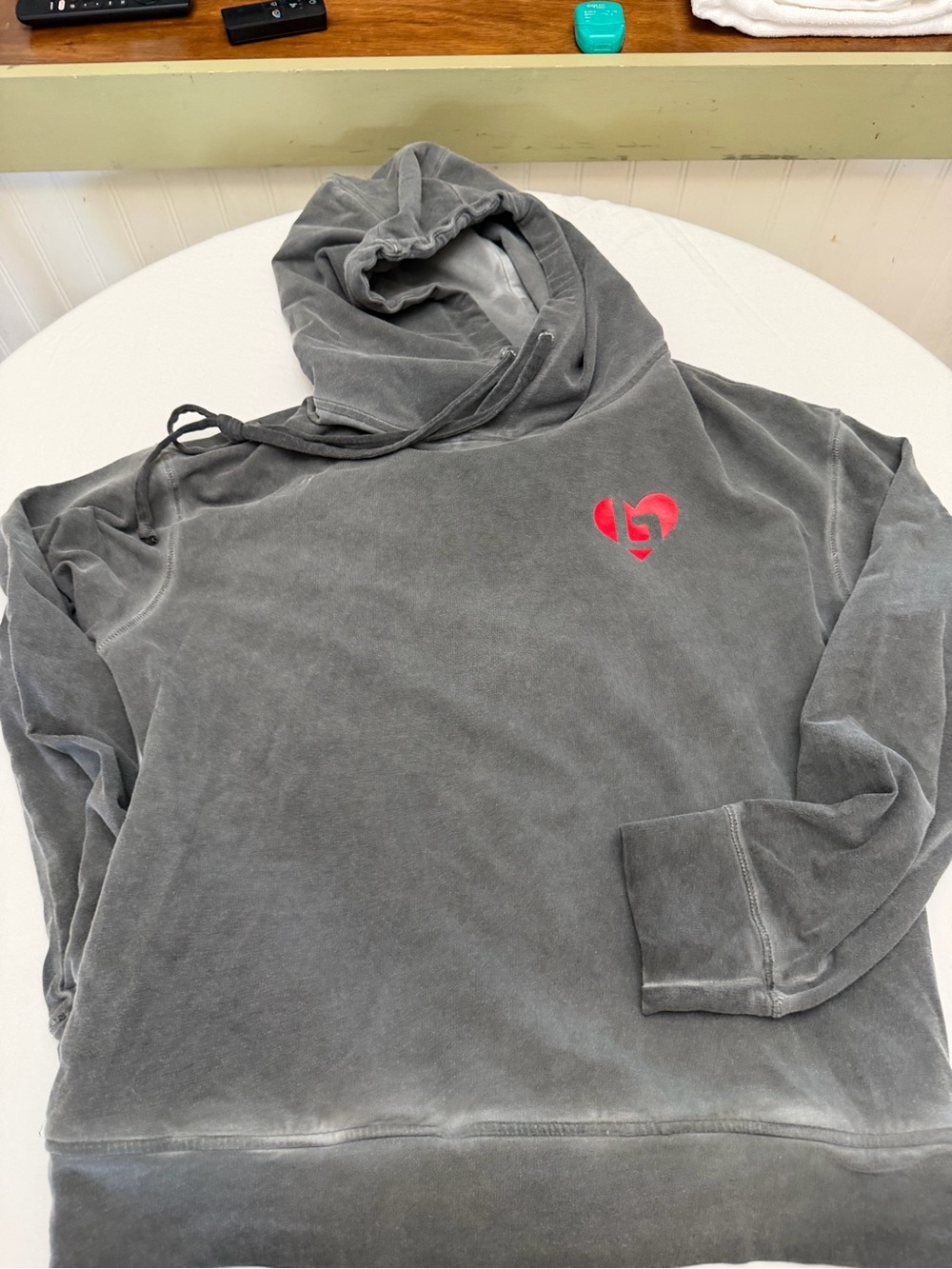 Gray Hooded Sweatshirt with Red Heart Logo